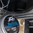 Detail zadní strany reproduktoru s černým magnetem a štítkem. Na štítku je uveden nápis Sheffield, MODEL 1290, MADE IN U.S.A., PEAVEY ELECTRONICS COR…