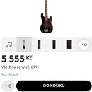 Snímek zachycuje černou pětistrunnou basovou kytaru s hnědým hmatníkem a červeně hnědým pickguardem. V horní části obrázku je uveden text Harley Bent…