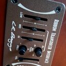 Hnědý kovový ovládací panel s nápisem RIBBON TRANSDUCER INTERFACE a logem L.R. Baggs. Panel obsahuje čtyři posuvníky s označením LOW, MID, HI a VOL a…
