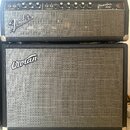 Dva kytarové zesilovače naskládané na sebe. Horní jednotka má ovládací panel s nápisy NORMAL, VOLUME, TREBLE, BASS, VIBRATO, SPEED a INTENSITY, vprav…