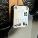 Detail zadní části krku elektrické kytary s kovým štítkem připevněným čtyřmi šrouby. Na štítku je logo Fender, nápis PLAYER PLUS a značky UK CA a CE.…