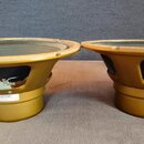 Dva hnědozlaté reproduktory s černými membránami. Na obou jsou bílé štítky s nápisy CELESTION, T5671B G10-GOLD 8Ω a MADE IN UK. Povrch rámů vykazuje…