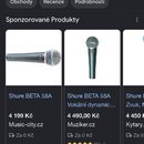 Snímek zachycuje screenshot z vyhledávače Google s výsledky pro dotaz „beta 58a“. Jsou zde zobrazeny produktové fotografie dvou dynamických mikrofonů…