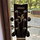 Fotografie zachycuje hlavu akustické kytary v černé barvě s bílým lemováním. V horní části je bílý nápis YAMAHA a pod ním je umístěn stylizovaný zlat…