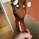 Detail hlavy a horní části hmatníku akustické kytary z tmavého dřeva. Jsou vidět bílé ladičky a struny. Na dřevě v místě přechodu hlavy do krku je vi…