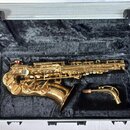 Zlatý saxofon v hliníkovém kufru s černým polstrováním. Nástroj je umístěn v originálním tvarovaném výlože a vedle něj leží samostatný krk s korkem.…