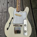 Bílá elektrická kytara s tvarem typu Telecaster a hnedým hmatníkem z dřeva. Na bílém pickguardu je jeden snímač s krémovými bobínkami a na kovovém mo…