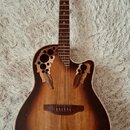 Akustická kytara s vyřezávanými otvory v horní desce místo klasického rozetového otvoru. Nástroj má tmavě hnědý přechodový povrch (sunburst) a hmatní…