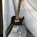 Černá polodupatá elektrická kytara s jedním f-otvorem a hnědými dřevěnými hranami. Nástroj má dva humbuckery, stříbrný most a tři ovládací knoflíky.…
