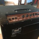 Černý kytarový kombo zesilovač s povrchem z texturovaného vinylu a plastovou rukojetí na horní straně. Ovládací panel je hnědý s nápisy POWER, EXT SP…