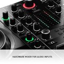 Detailní pohled na ovládací panel černého audio mixéru. Jsou vidět početné černé otočné knoflíky, posuvníky a zelené LED indikátory úrovně s popisky…
