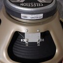 Fotografie zachycuje zadní stranu reproduktoru s kovovým rámem v zlatavé barvě. Na horním magnetu je černobílý štítek s nápisy G12, TYPE V, 70-watt a…