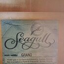 Detail štítku uvnitř hudebního nástroje. Štítek je v šedobílé barvě s texturou připomínající pomačkaný papír a obsahuje nápis Seagull, MODEL/MODÈLE G…