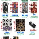 Kolaž fotografií twelve efektových pedálů značky MH Pedals. Každý pedal má unikátní grafický design, různé barvy a ovládací prvky v podobě potenciome…