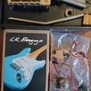 Fotografie zobrazuje sadu komponentů pro elektrickou kytaru v černé krabici. V horní části je zlatý kobylkový systém s třemi pružinami a kovovou páčk…