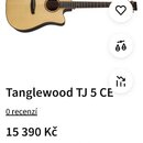 Snímek zachycuje akustickou kytaru s cutawayem v přirozené dřevěné barvě. Pod nástrojem je uveden název modelu Tanglewood TJ 5 CE. Kytara vypadá nově…