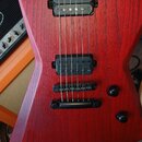Červená elektrická kytara s hranatým korpusem a viditnou strukturou dřeva. Nástroj má dva černé humbuckery, černý kobylník a dva ovládací knofíky. Na…