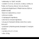 Snímek obsahuje textový seznam technických údajů k kytarovému celolampovému zesilovači. Text specifikuje parametry jako 3 kanály, výkon 50 / 22 / 7 W…