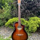 Akustická kytara s cutawayem v hnědém sunburst provedení. Na hlavě je bílý nápis Ibanez. Nástroj je umístěn na černém stojanu před zelenými keři a ka…