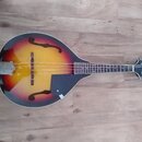 Mandolina s hruškovitým korpusem v přechodovém žlutě-červeně-černém lakování (sunburst). Nástroj má černý hmatník, černý plechtr zaštitu a kovový mos…