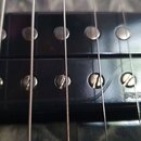 Detailní pohled na černý humbucker s dvěma řadami snímačů. Na spodní části je vyryt nápis FISHMAN. Povrch snímače vykazuje drobné škrábance a známky…