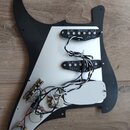 Černý plastový pickguard pro elektrickou kytaru s bílým středovým panelem. Jsou v něm osazeny dva černé snímače, na kterých je ručně napsáno „R.M. SO…