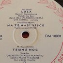 Fotografie detailu bílého štítku vinylové desky s červeným ornamentem z větví po obvodu. Na štítku jsou černé nápisy: „Jan Seidel LOLA“, „Slova F. Ga…