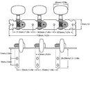 Technický výkres tří ladicích kolínek pro hudební nástroj. Nápisy na obrázku uvádějí rozměry v milimetrech a palcích, například 110mm / 4.3in nebo 22…