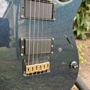 Detail elektrické kytary v tmavě modré metalizované barvě. Na těle jsou dva černí humbuckery, přičemž na spodním je nápis „D.M. pickups“. Nástroj má…
