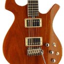 Elektrická kytara s hnědým dřevěným korpusem a dvěma humbuckery s kovovými kryty. Nástroj je vybaven tremolo systémem s páčkou a třemi oválnými ovlád…