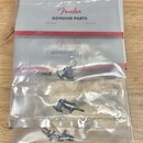 Průhledný plastový obal s bílým papírovým vložkem, na kterém je červené logo Fender a nápis GENUINE PARTS. Uvnitř obalu se nachází několik kusů chrom…