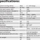 Fotografie obsahuje tabulku s technickými specifikacemi audio zařízení. Nad tabulkou je nápis Specifications:. Tabulka obsahuje parametry jako System…