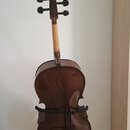 Hnědá smyčcová nástroj, pravděpodobně viola nebo malý violoncello, umístěná na černém stojanu. Nástroj má lakovaný dřevěný povrch s viditnou struktur…