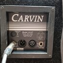 Detail zadního panelu reproduktoru značky CARVIN. Je zde uveden Model V410T, Power: 400 Watts, Impedance: 8Ω a nápis Made in the USA. Panel obsahuje…