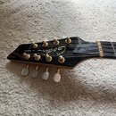 Hlava mandoliny v černé barvě s nápisy Godin a A8 - Mandolin. Nástroj má zlaté ladičky s bílými knoflíky. Povrch hlavy vykazuje drobné škrábance a op…