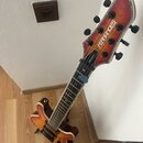 Elektrická kytara s tělem a hlavou v červeno-žlutém sunburst provedení. Na hlavě je bílý nápis FERNANDES a pod ním menší nápis Ltd, na hraně hlavy je…