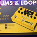 Fotografie znázorňuje krabici od žlutého looperu s nápisy NUX a DUAL LOOP STEREO. Na zařízení jsou vidět ovládací knofíky, displej a čtyři zapadací s…