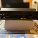 Zadní strana černého MIDI zvukového generátoru s nápisem SOUND Canvas MIDI SOUND GENERATOR. Jsou zde vidět konektory INPUT, OUTPUT, PHONES a pět MIDI…