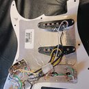 Bílý pickguard s hliníkovým stíněním a dvěma černými snímači. Na bílé nálepce je text 7713091000 a PG ASSY STRAT HSS GOLD PBP. V dolní části jsou vid…