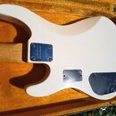Zadní strana elektrické kytary v krémové barvě, umístěná v otevřeném hnědém kufru. Na kovovém krytu krku je vyražen nápis „Fender Stratocaster“ a sér…
