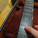 Detail hmatníku strunového nástroje s tmavým dřevěným povrchem a kovovými pražci. Nástroj leží v otevřeném kufru s červeným plyšovým vnitřkem. Na hma…