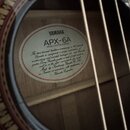 Fotografie zachycuje vnitřek akustické kytary s viditelnou štítkem na deskách. Na štítku je uveden nápis YAMAHA, model APX-6A a text PROUD ELECTRIC A…