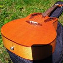 Akustická kytara s přirozeným dřevěným povrchem a vyřezem v těle. Instrument má neobvyklý design s několika otvory pro zvuk místo jednoho centrálního…