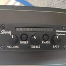 Detail ovládacího panelu akustické kytary s černým povrchem. Na panelu je nápis Ibanez, označení FISHMAN Equipped a displej s písmeny A B C D E F G #…