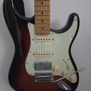 Elektrická kytara s trupem v tmavém sunburst provedení a krčkem ze světlého dřeva. Má bílý pickguard, tři snímače a tři ovládací knoflíky. Na dvou sn…
