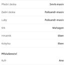 Snímek zachycuje screenshot z webové stránky kytary.cz se specifikacemi hudebního nástroje. V sekci Materiál je uveden celomasivní korpus, smrk-masiv…