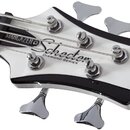 Detail hlavy basové kytary v bílo-černém provedení s chromovanými kolíky. Na hlavě je uveden nápis STARGAZER a logo Schecter s doplňujícím textem DIA…