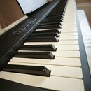 Černý digitální klavír s bílými a černými klávesami. Na levé straně panelu jsou umístěna ovládací tlačítka a nápis "Input Jack". Nástroj je vybaven č…