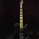 Černá elektrická kytara s tmavým hmatníkem a bílými polohovými značkami. Na hlavě je viditelné logo "Schecter". Nástroj má dva humbuckery, tři ovláda…