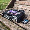 Černý kompaktní audio zesilovač s kovovým povrchem a ovládacími knofíky. Na horní části je nápis 300W+300W a náleпка s fialovými postavami. Na přední…